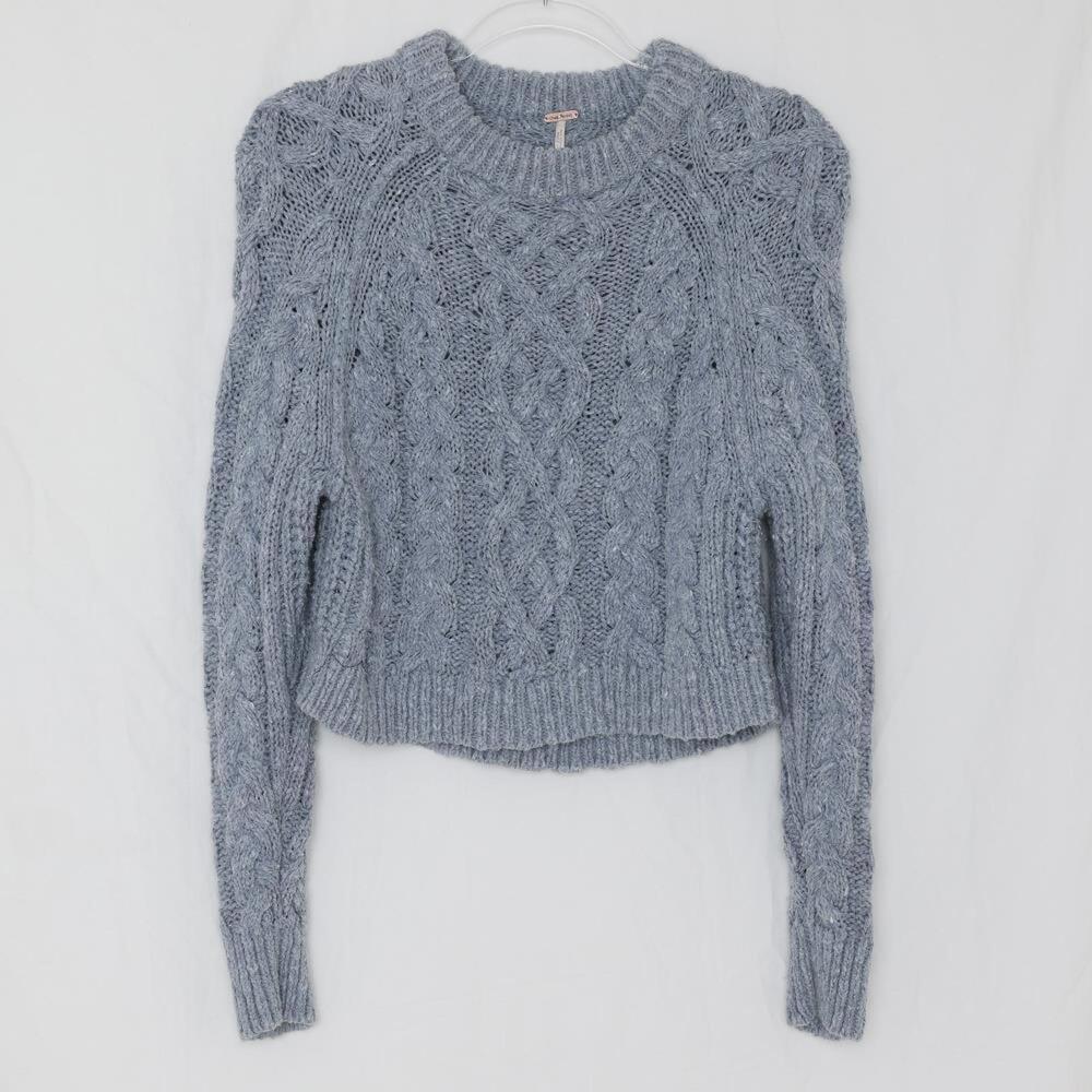 Free People Grey Cable Knit Crop Fisherman Scoop Neck Long Sleeve Pullover